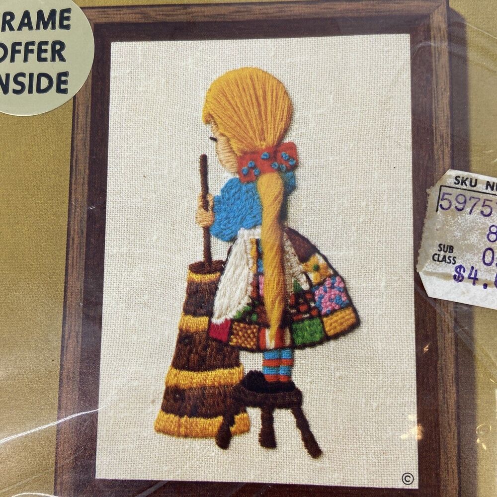 Vintage Jiffy Stitchery Embroidery Kit 701 Wool Yarn Needlework Girl "Churnin"